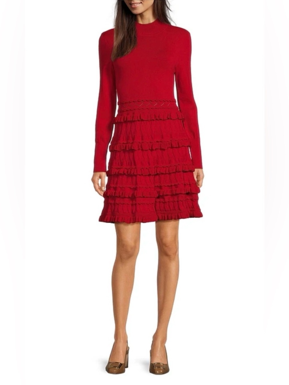 Muse by Marchesa Calla Lycra Blend Mock Neck Tiered Ruffle A-Line Dress